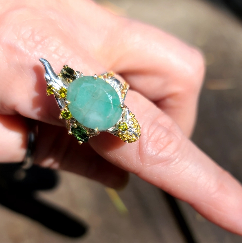 12k Emerald & Tourmaline Lizard 🦎 sterling &gold ring sz7.5 💍 - Picture 8 of 8